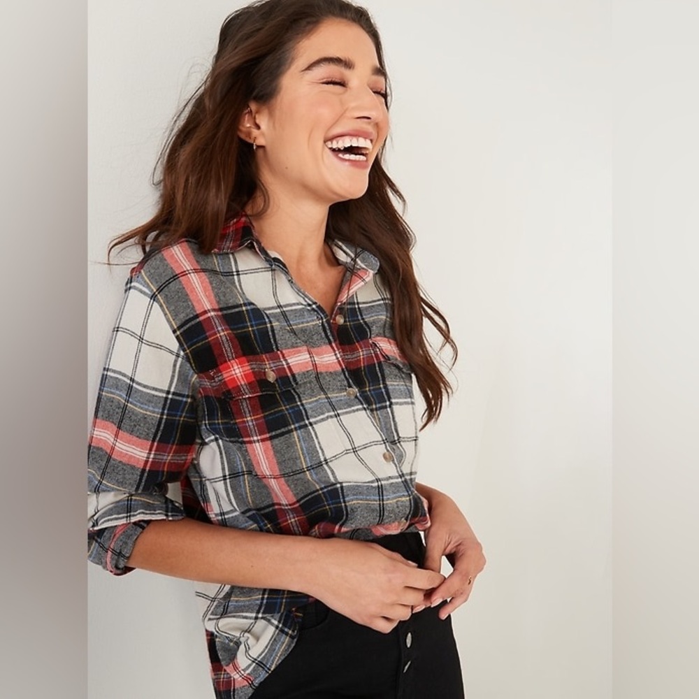 Old Navy Oversized Plaid Flannel Boyfriend Shirt for Women - White Tartan
